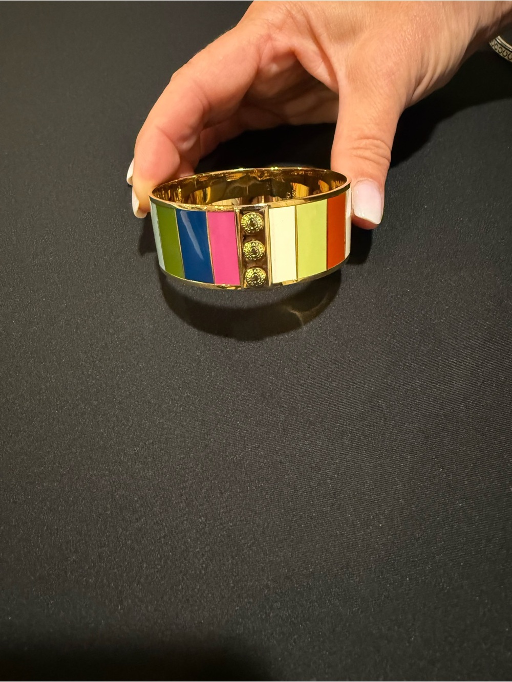 Coach Multicolor Enamel Hinged Cuff Bracelet Gold Tone Wide Bangle